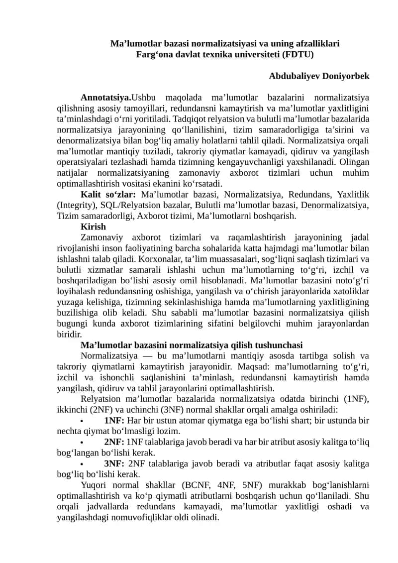 Ma’lumotlar bazasi normalizatsiyasi va uning afzalliklari 1
