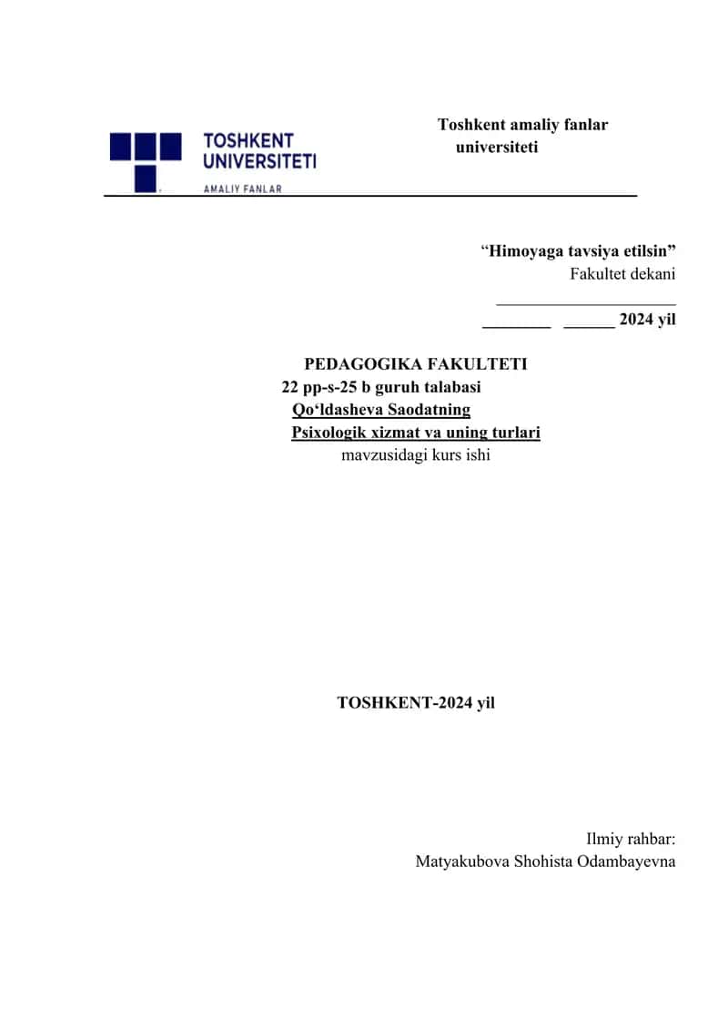 Psixologik xizmat va uning turlari. 1
