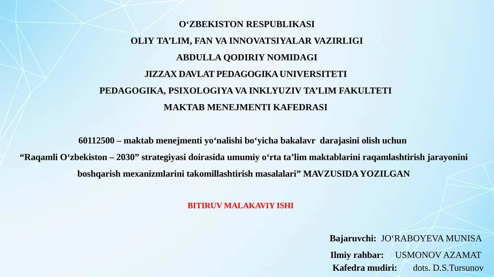 "RaqamliO‘zbekiston– 2030”strategiyasidoirasidaumumiyo‘rtata’limmaktablariniraqamlashtirishjarayoniniboshqarishmexanizmlarinitakomillashtirishmasalalari” 1