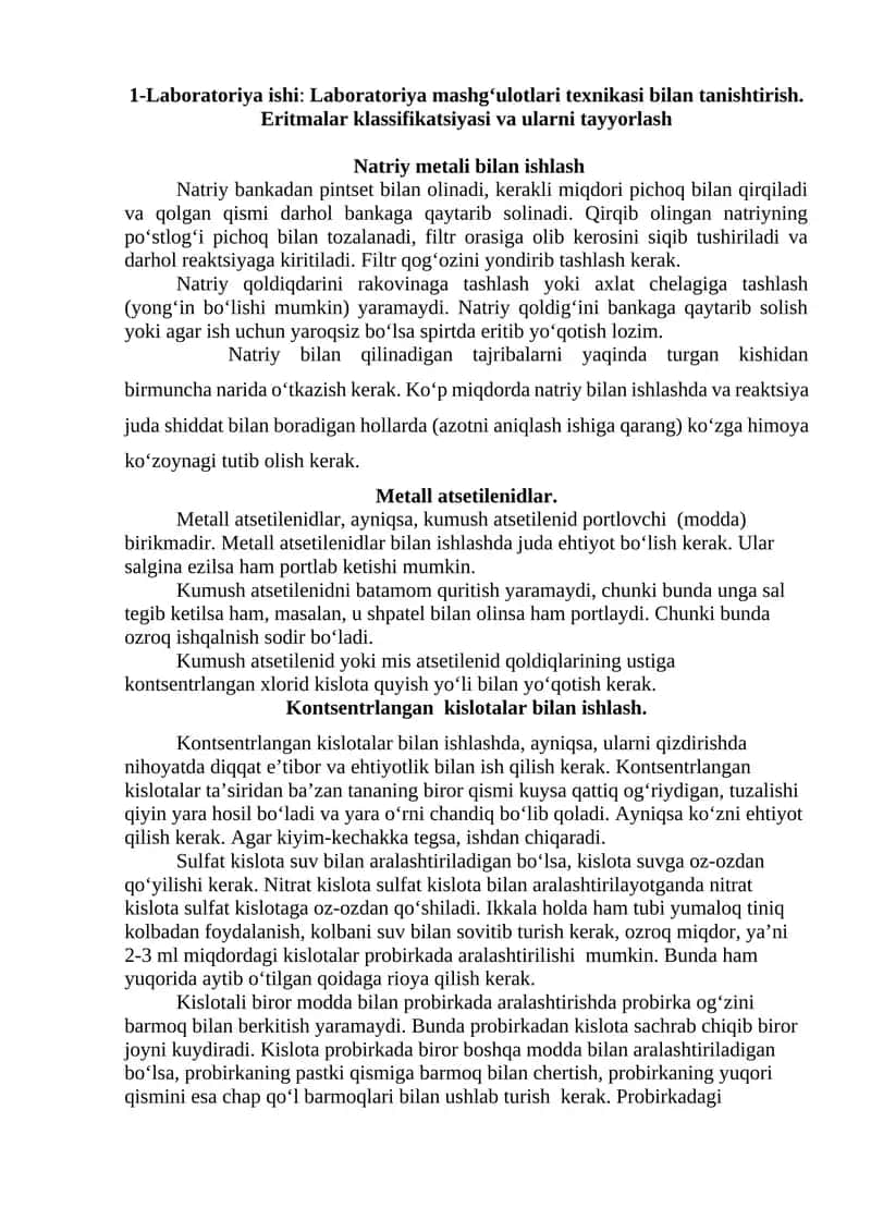 Laboratoriya ishi: Laboratoriya mashg‘ulotlari texnikasi bilan tanishtirish. Eritmalar klassifikatsiyasi va ularni tayyorlash 1