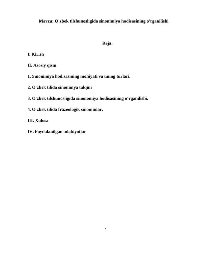 O'zbek tilshunosligida sinonimiya hodisasi kurs ishi