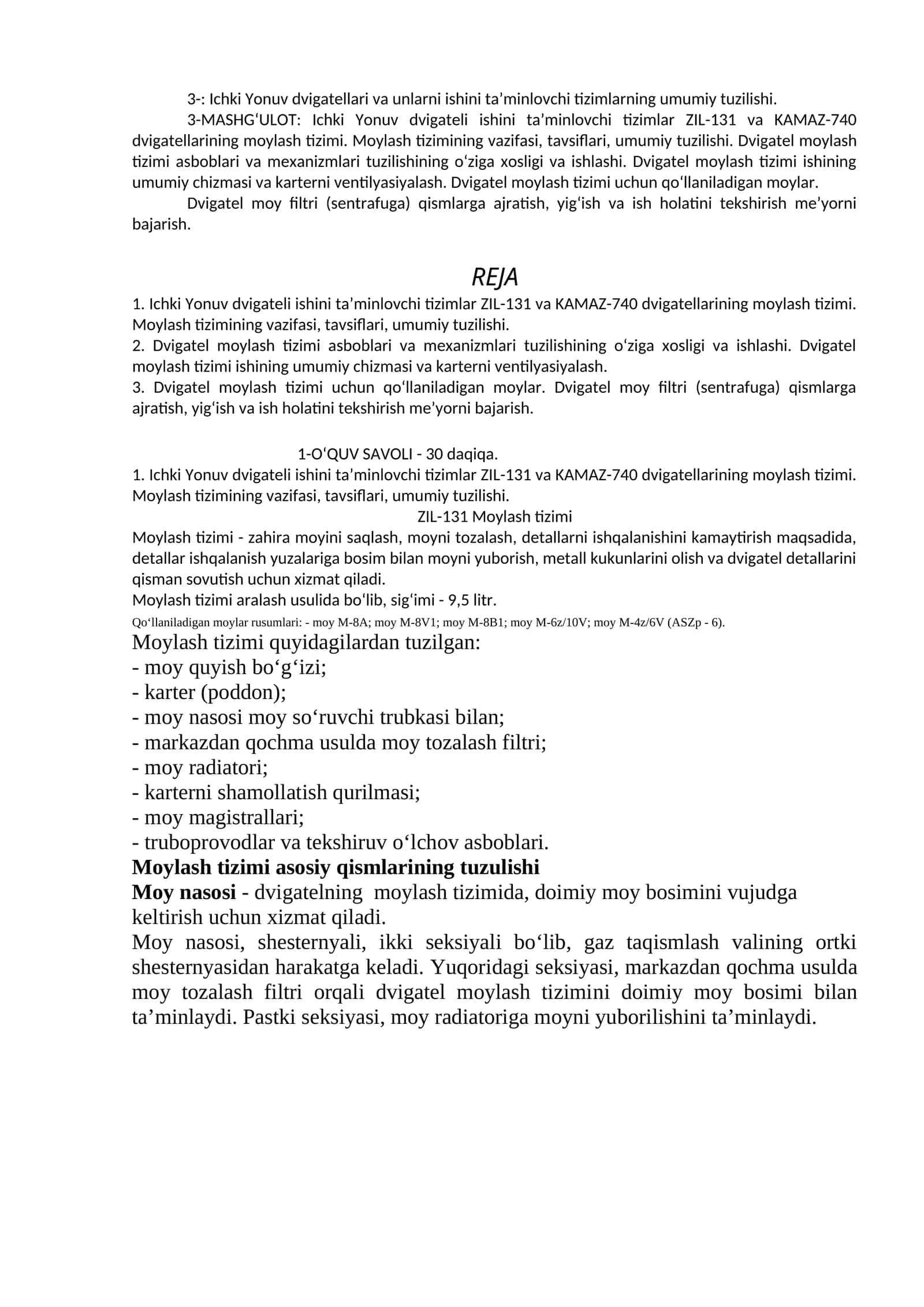 Ichki Yonuv dvigatellari va unlarni ishini ta’minlovchi tizimlarning umumiy tuzilishi 1