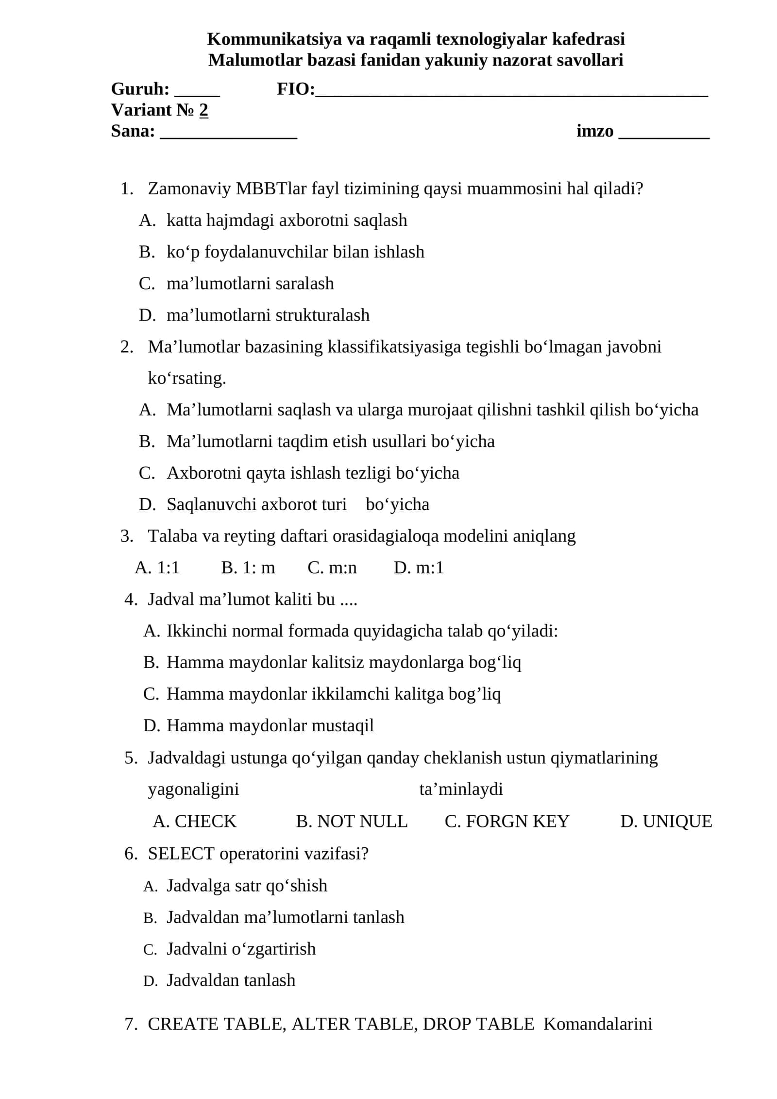 Malumotlar bazasi fanidan yakuniy nazorat savollari 1