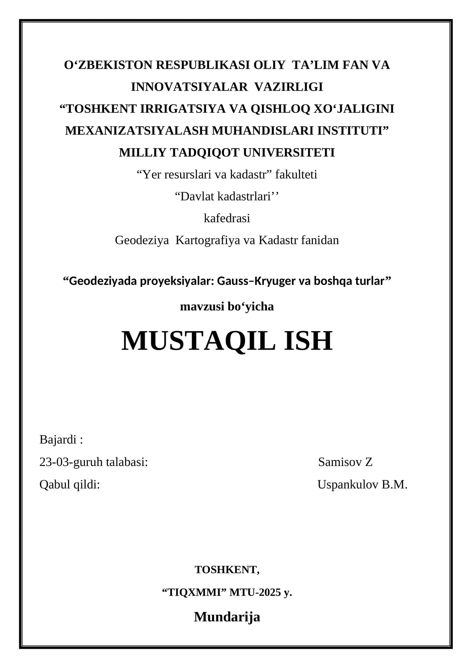 Geodeziyada proyeksiyalar Gauss–Kryuger va boshqa turlar 1