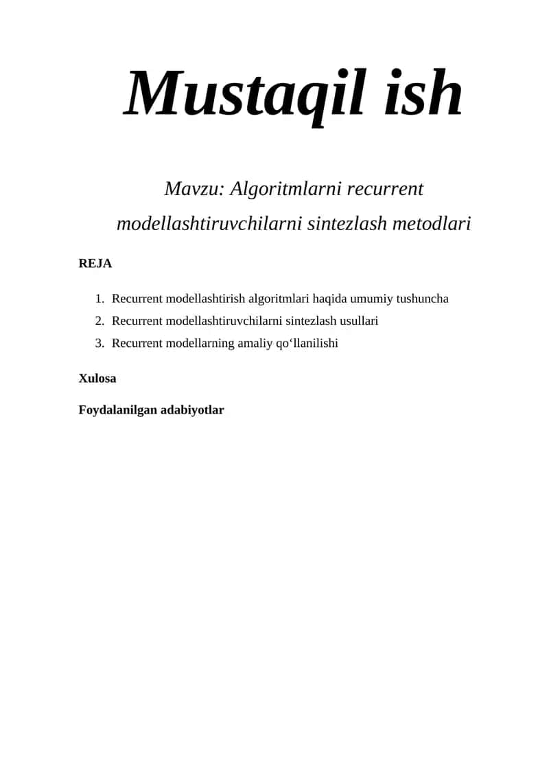 Algoritmlarni recurrent modellashtiruvchilarni sintezlash metodlari 1