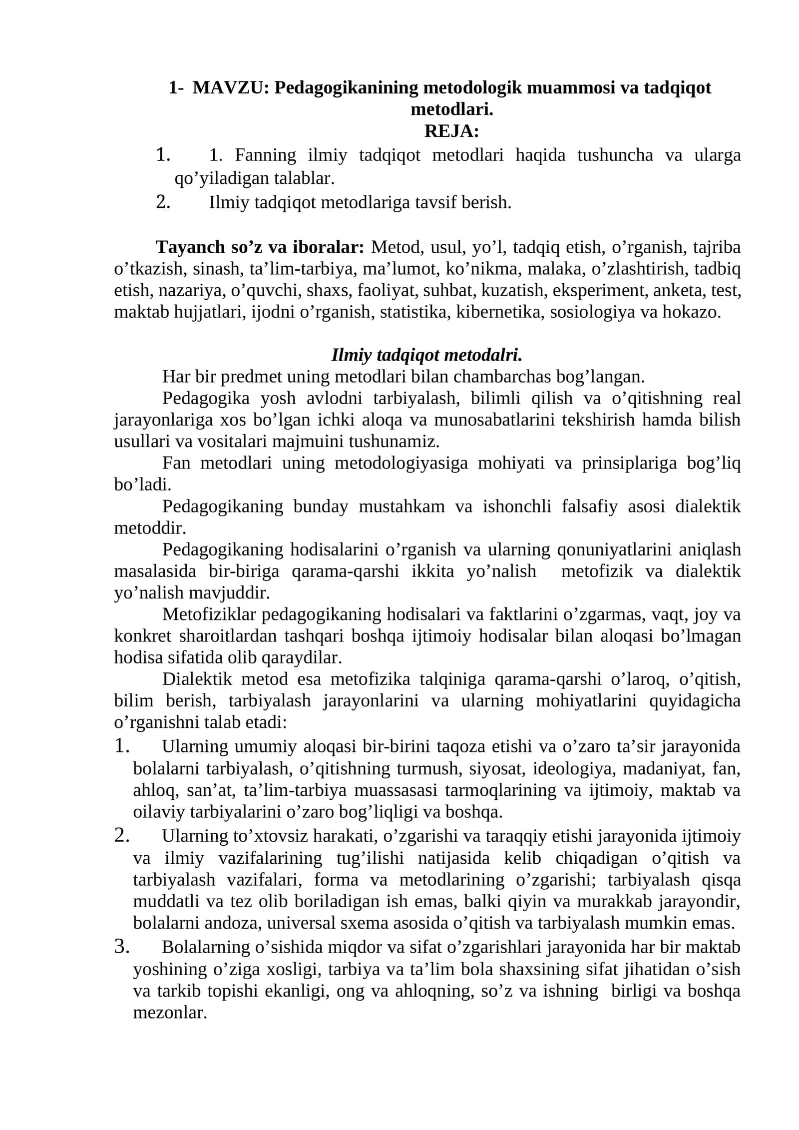 Pedagogikanining metodologik muammosi va tadqiqot metodlari 1
