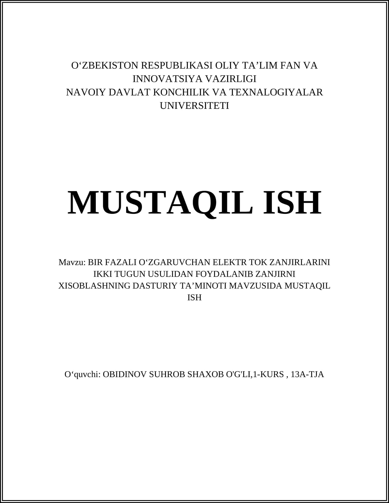 BIR FAZALI OʻZGARUVCHAN ELEKTR TOK ZANJIRLARINI IKKI TUGUN USULIDAN FOYDALANIB ZANJIRNI XISOBLASHNING DASTURIY TAʼMINOTI 1