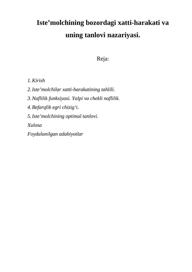 Iste’molchining bozordagi xatti-harakati va uning tanlovi nazariyasi 1