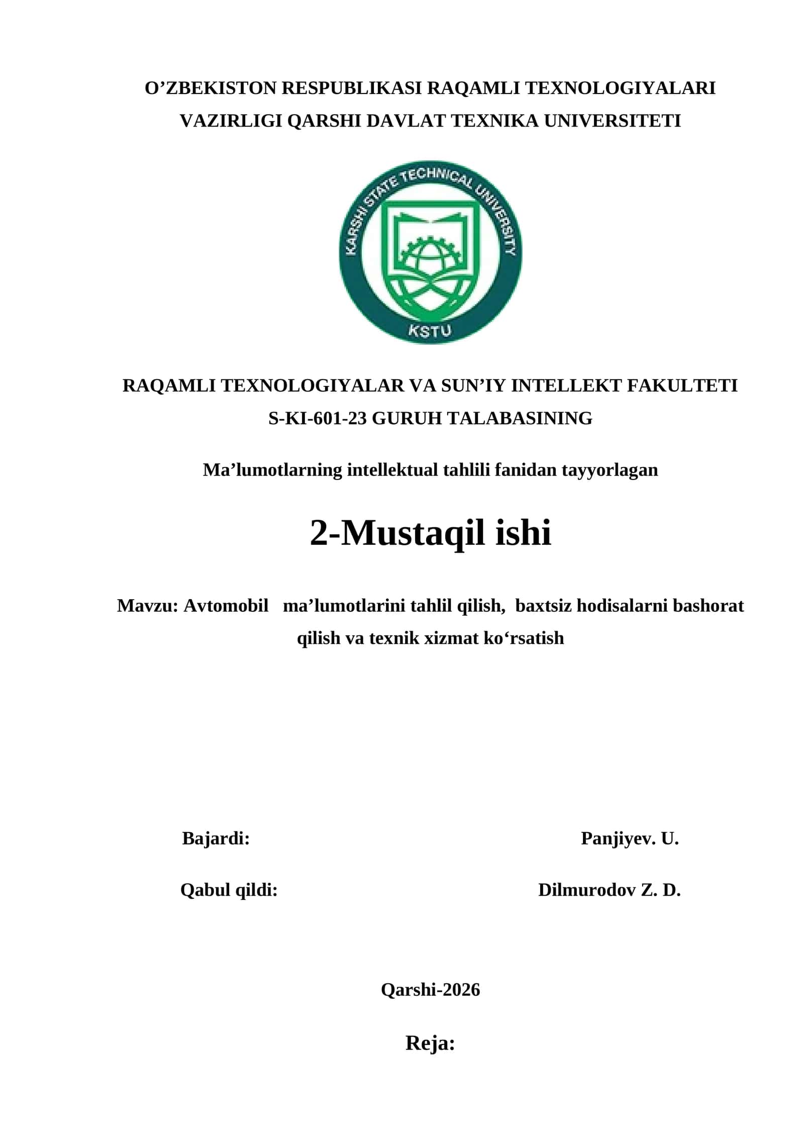 Avtomobil ma’lumotlarini tahlil qilish, baxtsiz hodisalarni bashorat qilish va texnik xizmat ko‘rsatish 1