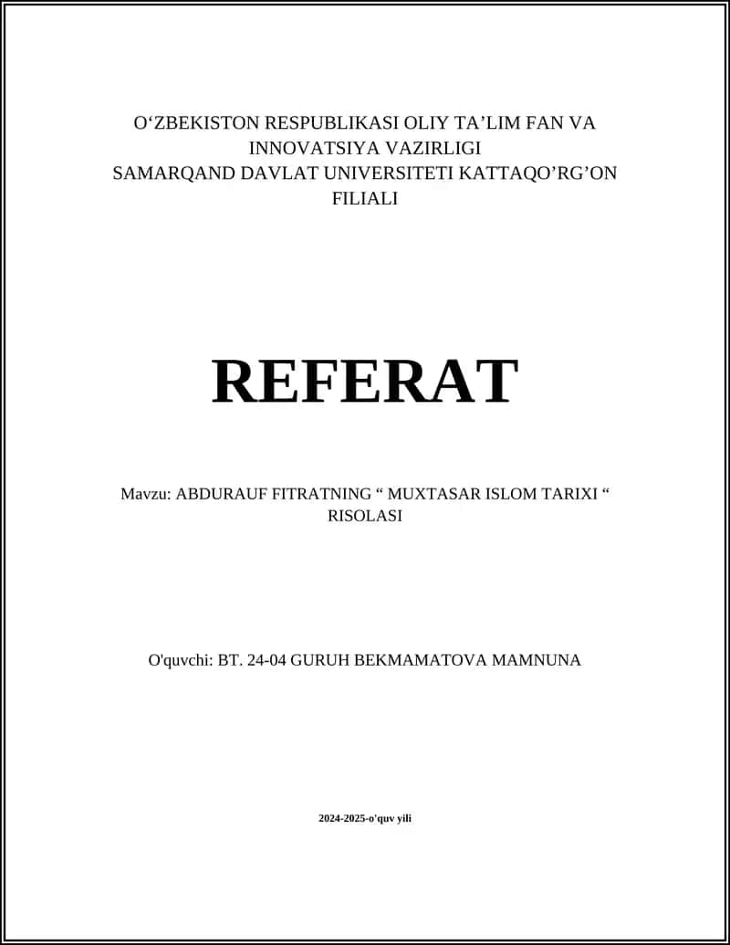 ABDURAUF FITRATNING “ MUXTASAR ISLOM TARIXI “ RISOLASI 1