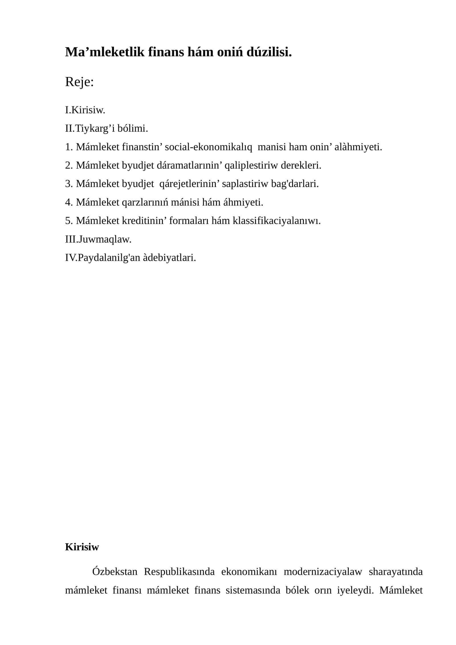 Ma’mleketlik finans hám oniń dúzilisi 1