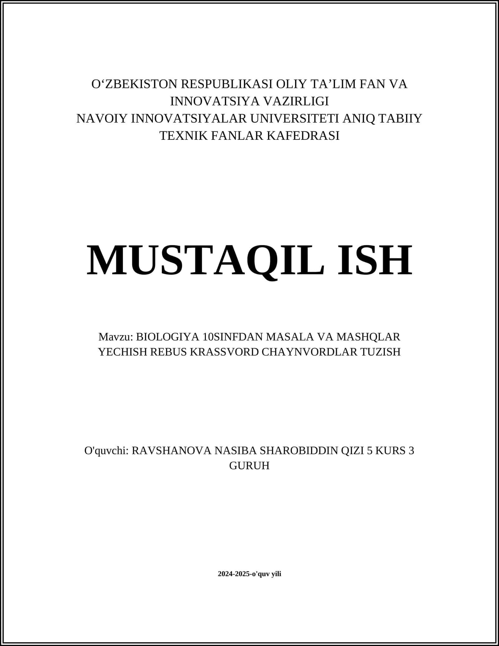 BIOLOGIYA 10SINFDAN MASALA VA MASHQLAR YECHISH REBUS KRASSVORD CHAYNVORDLAR TUZISH 1