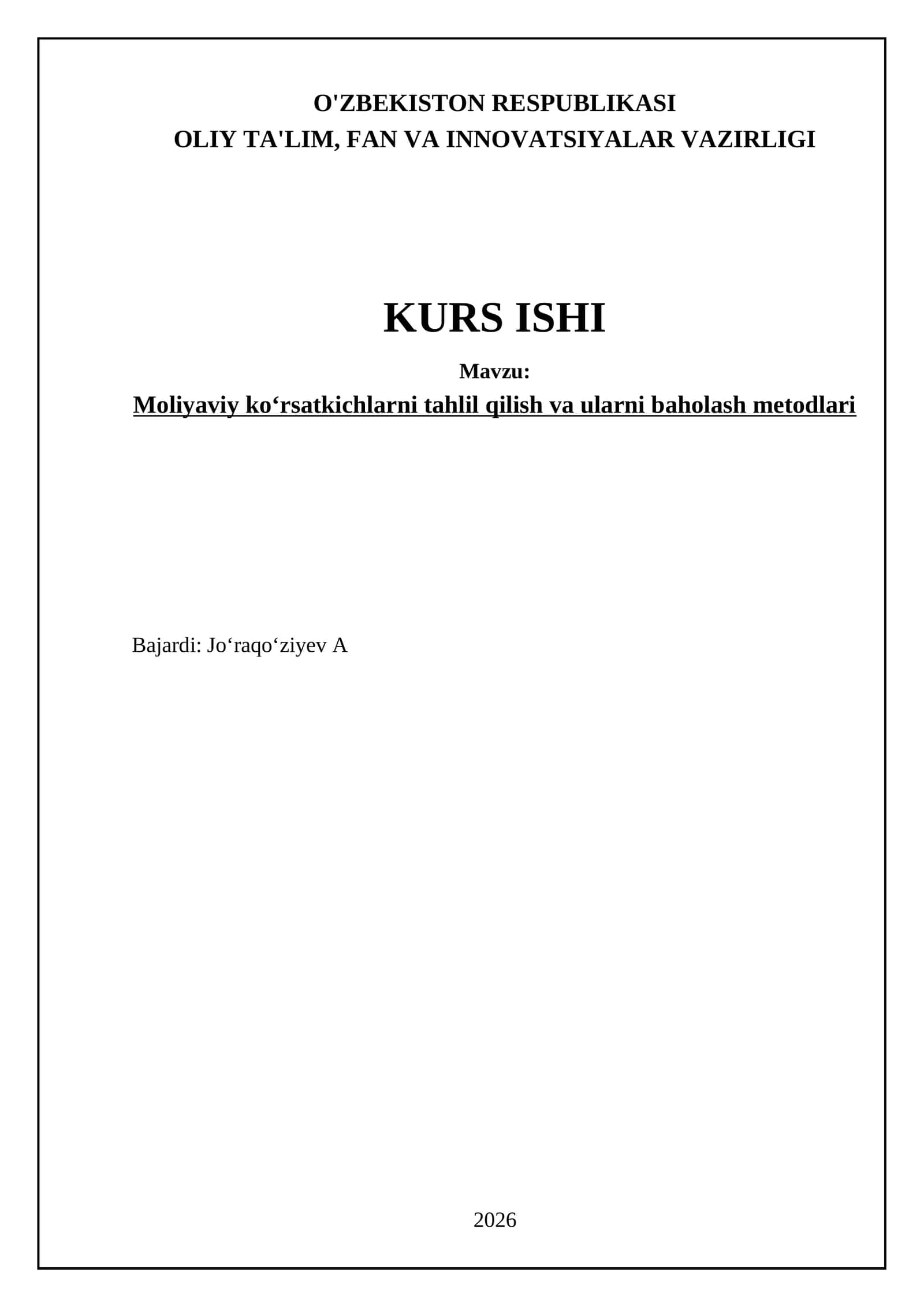 Moliyaviy ko'rsatkichlarni tahlil qilish va ularni baholash metodlari 1