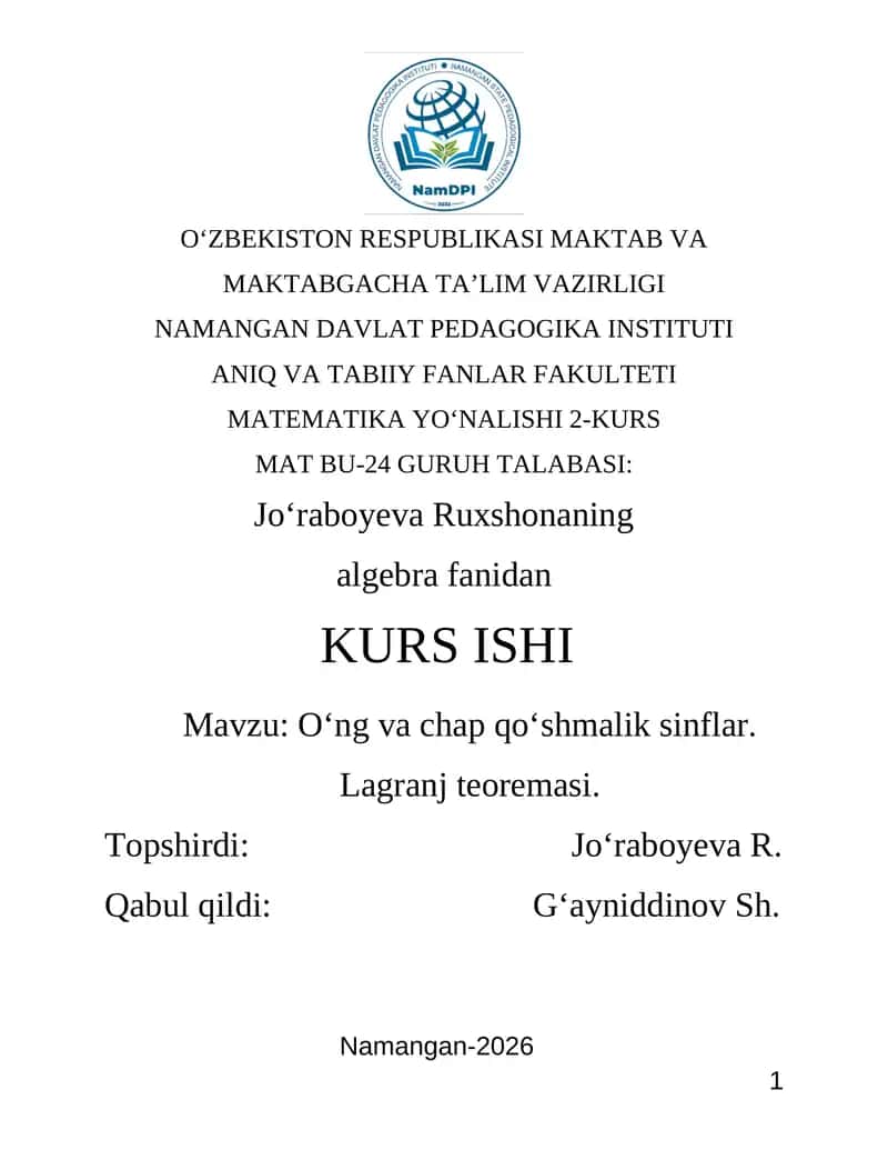 Mavzu: Oʻng va chap qoʻshmalik sinflar. Lagranj teoremasi 1