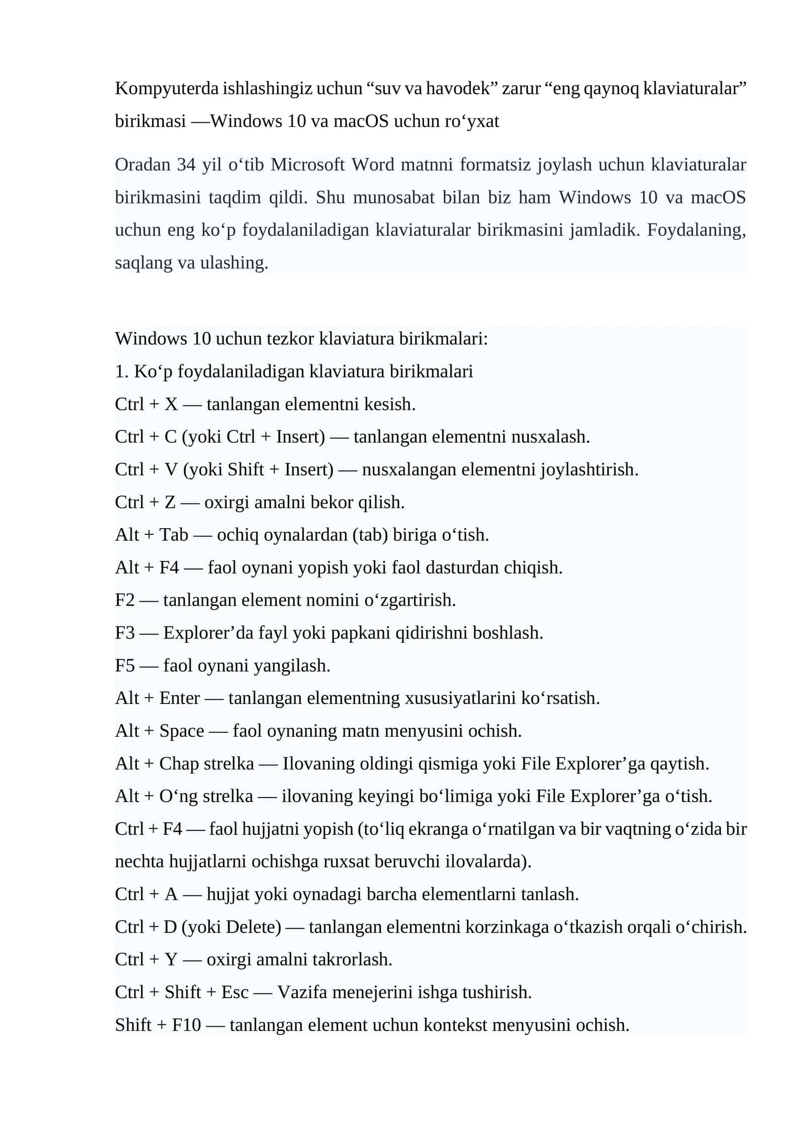 Windows 10 va macOS uchun eng koʻp foydalaniladigan klaviaturalar birikmasi 1