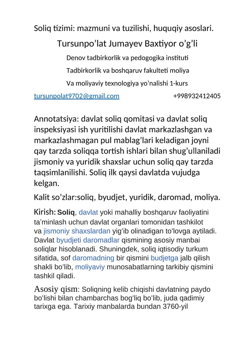 Soliq tizimi: mazmuni va tuzilishi, huquqiy asoslari 1