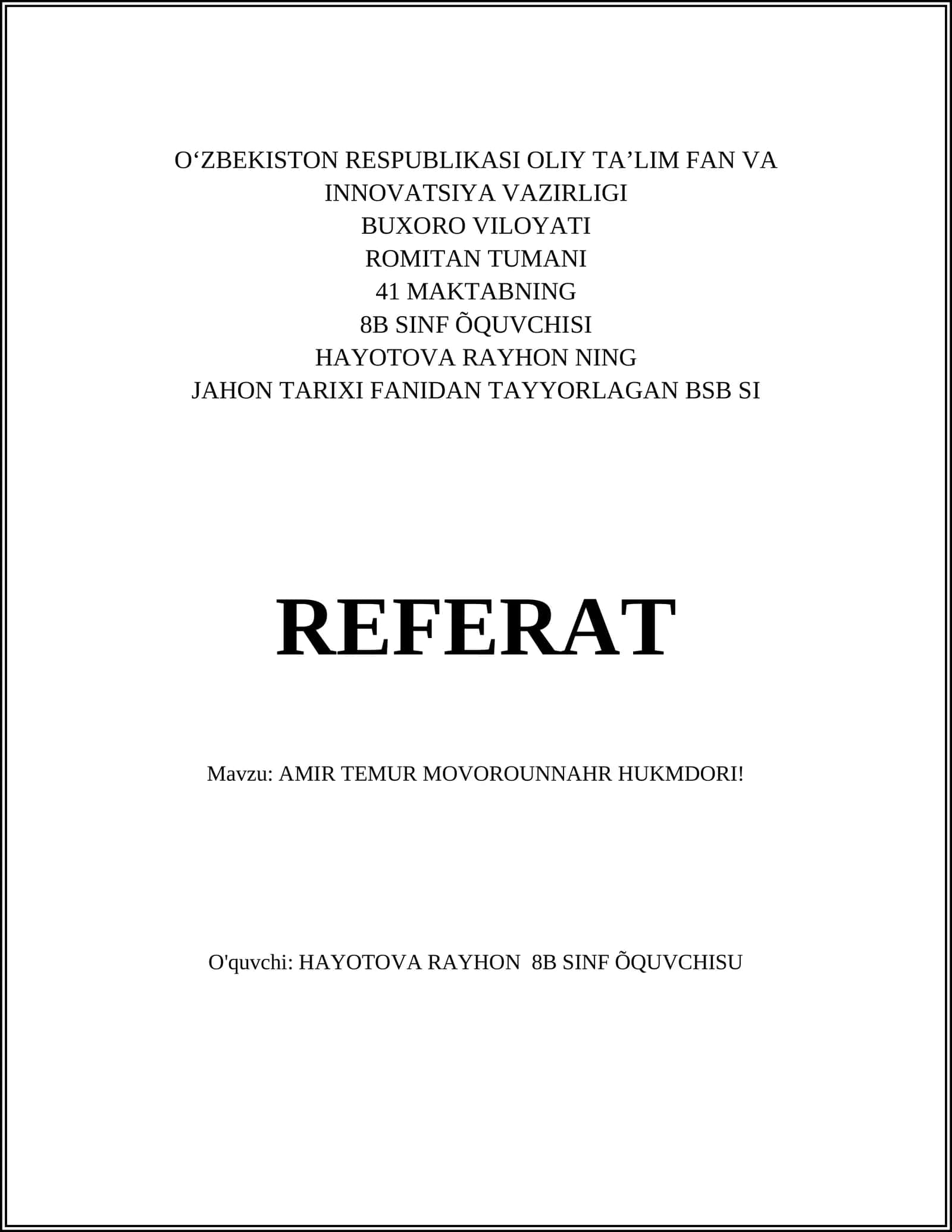 AMIR TEMUR MOVOROUNNAHR HUKMDORI REFERAT 1