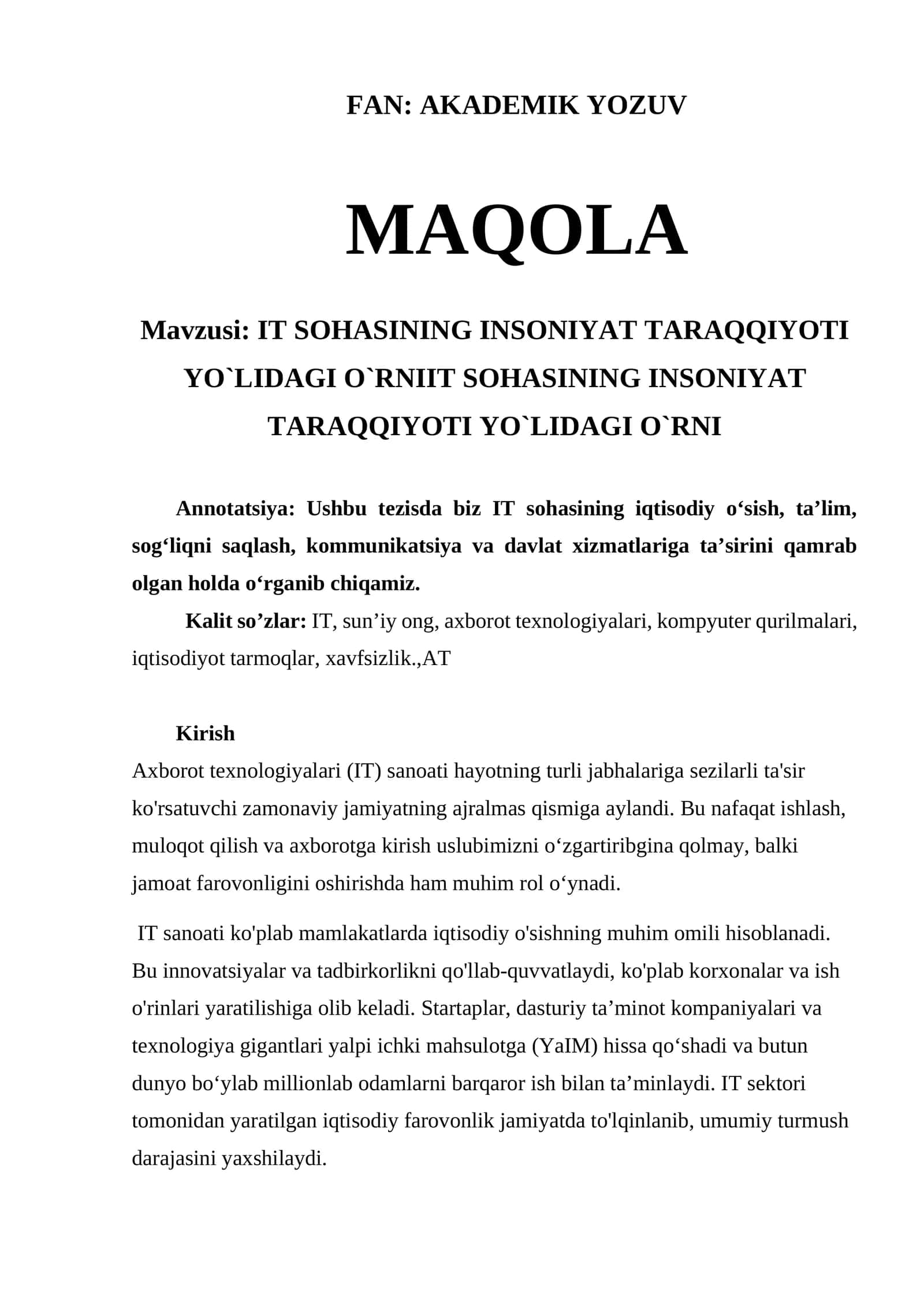 IT sohasining insaniyat taraqqiyoti y`lidagi o`rni 1