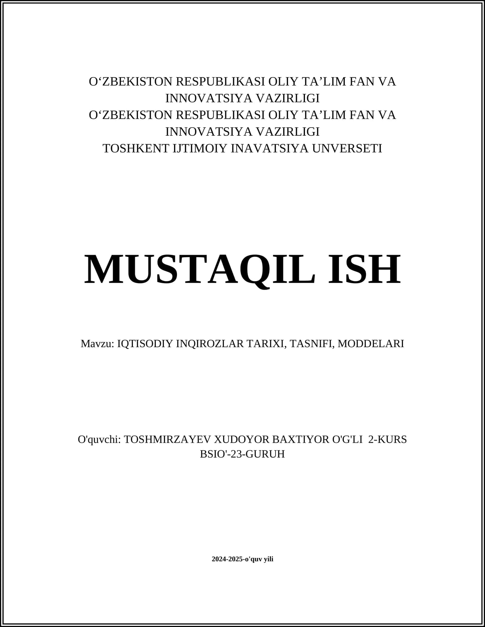 IQTISODIY INQIROZLAR TARIXI, TASNIFI, MODDELARI 1