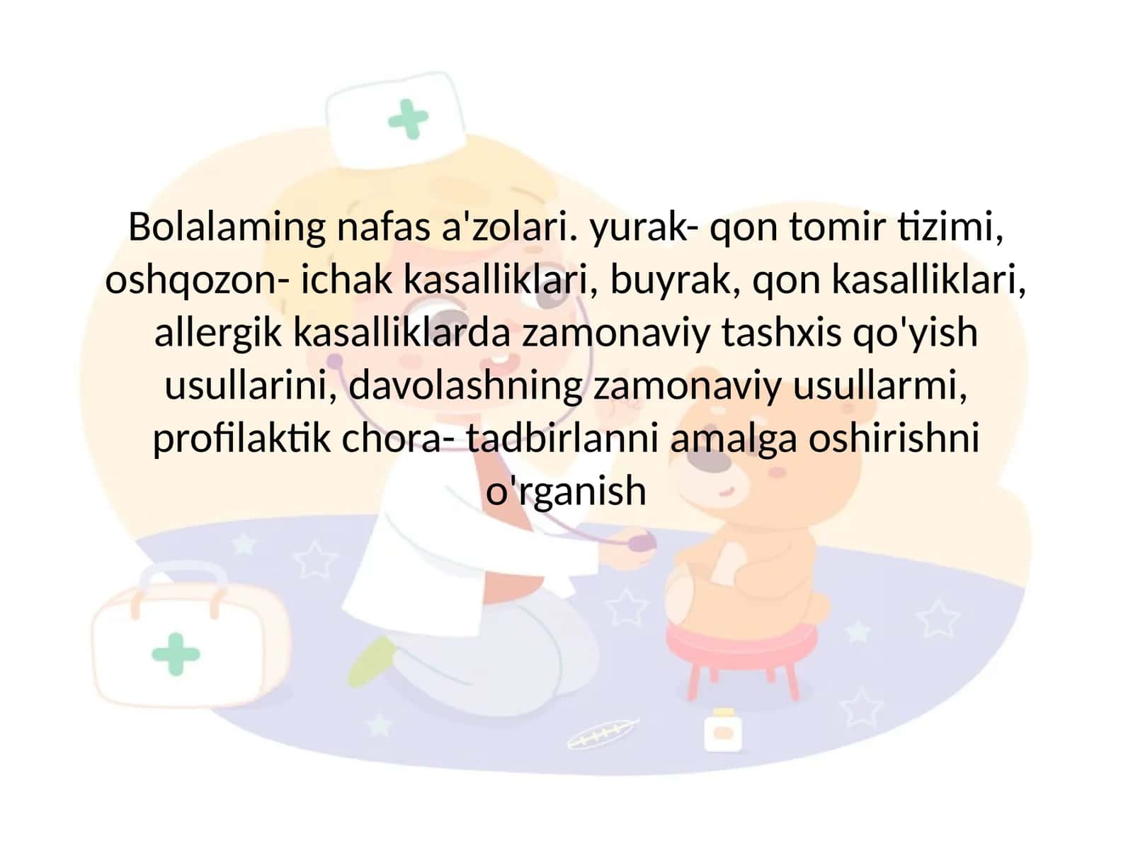 Bolalaming nafas a'zolari. yurak- qon tomir tizimi, oshqozon- ichak kasalliklari, buyrak, qon kasalliklari, allergik kasalliklarda zamonaviy tashxis qo'yish usullarini, davolashning zamonaviy usullarmi, profilaktik chora- tadbirlanni amalga oshirishni o'rganish 1
