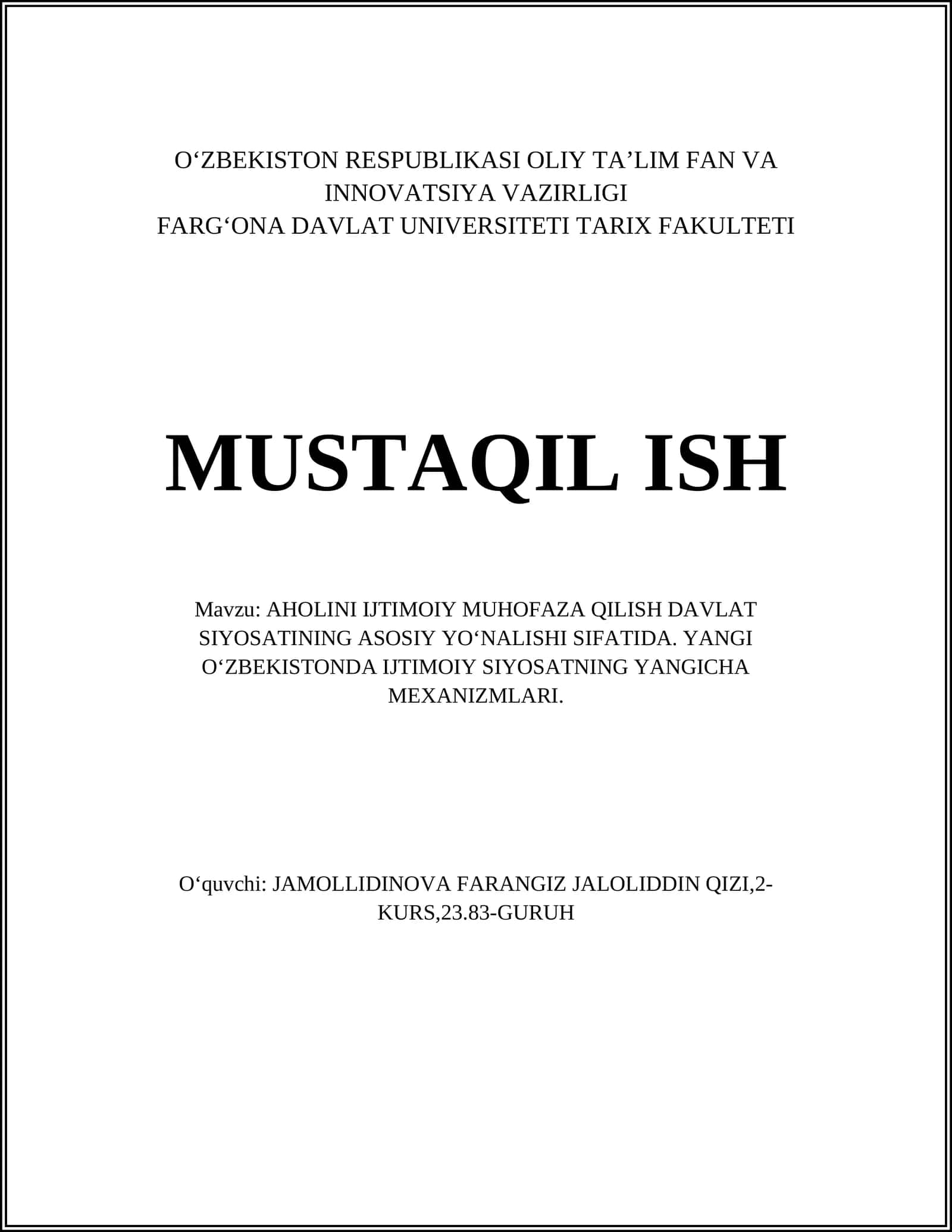 AHOLINI IJTIMOIY MUHOFAZA QILISH DAVLAT SIYOSATI 1