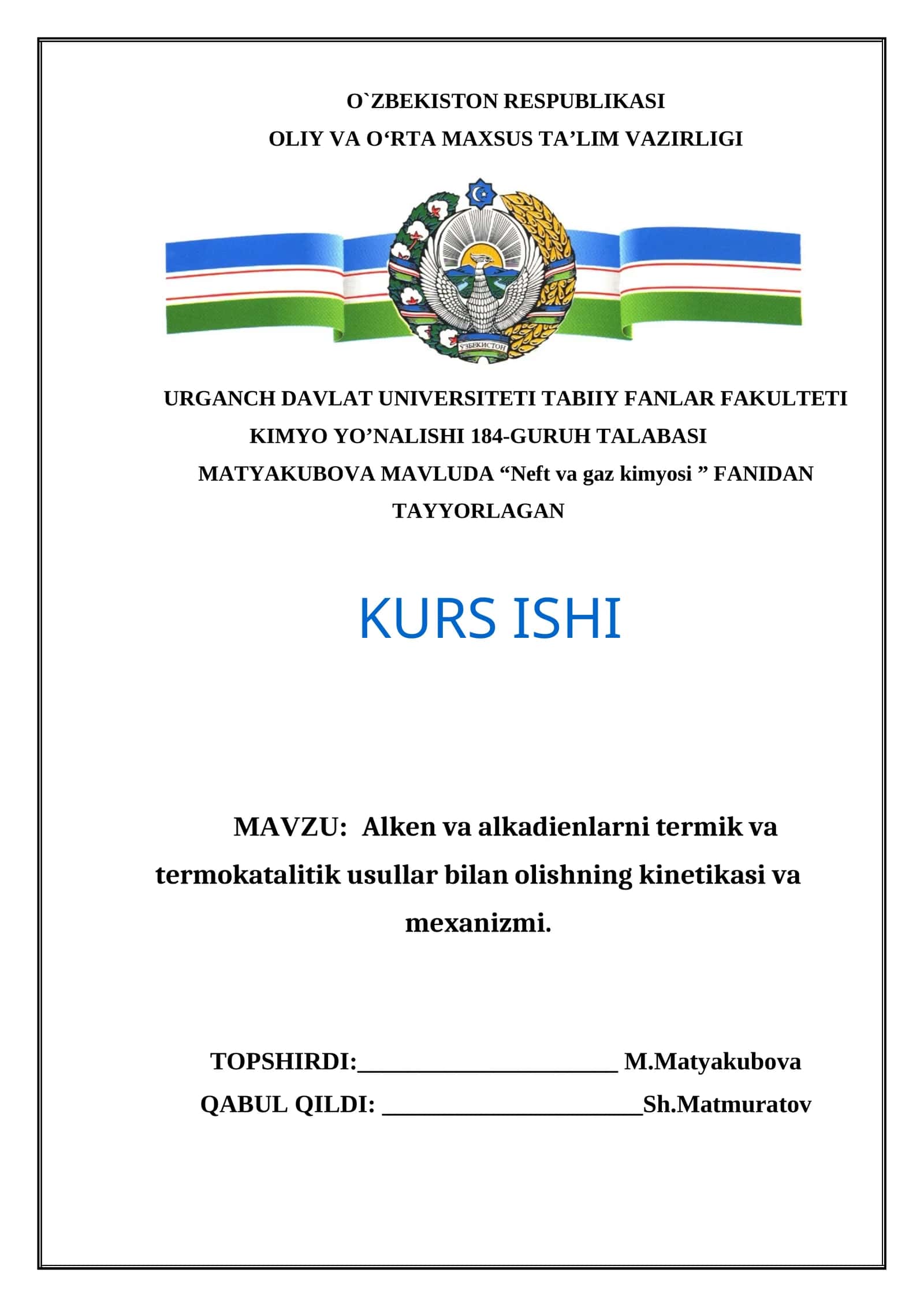 Neft va gaz kimyosi kurs ishi 1