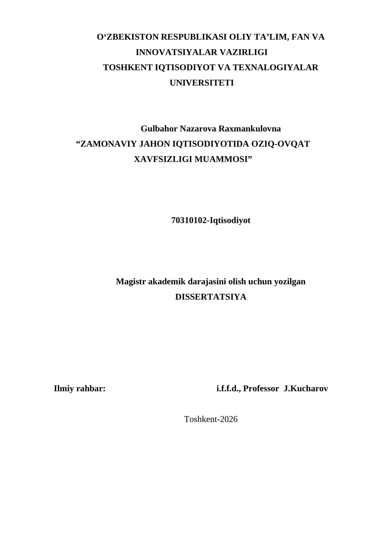 Zamonaviy Jahon Iqtisodiyotida Oziq-Ovqat Xavfsizligi Muammosi 1