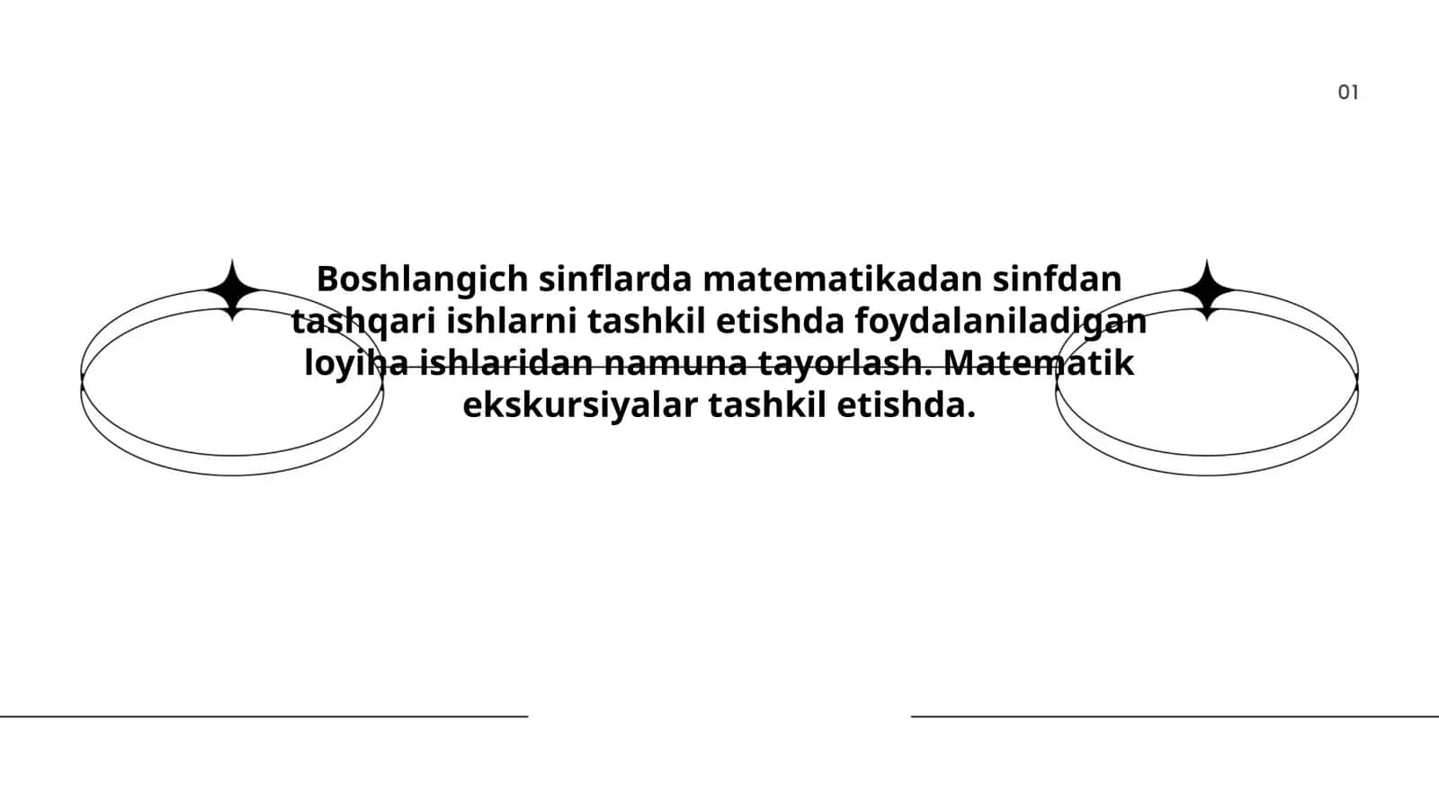 Boshlangich sinflarda matematikadan sinfdan tashqari ishlarni tashkil etishda foydalaniladigan loyiha ishlaridan namuna tayorlash. Matematik ekskursiyalar tashkil etishda 1