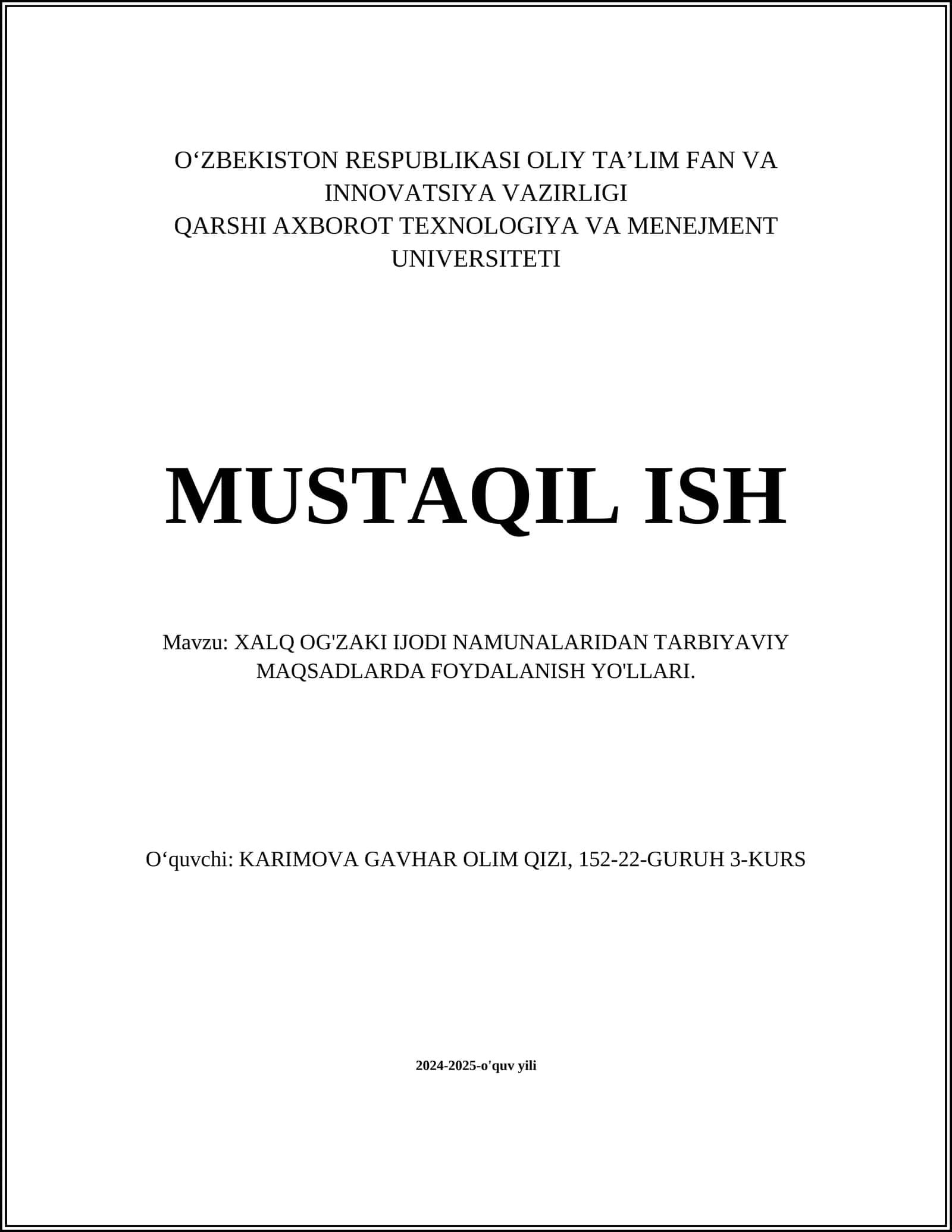 XALQ OG'ZAKI IJODI NAMUNALARIDAN TARBIYAVIY MAQSADLARDA FOYDALANISH YO'LLARI 1