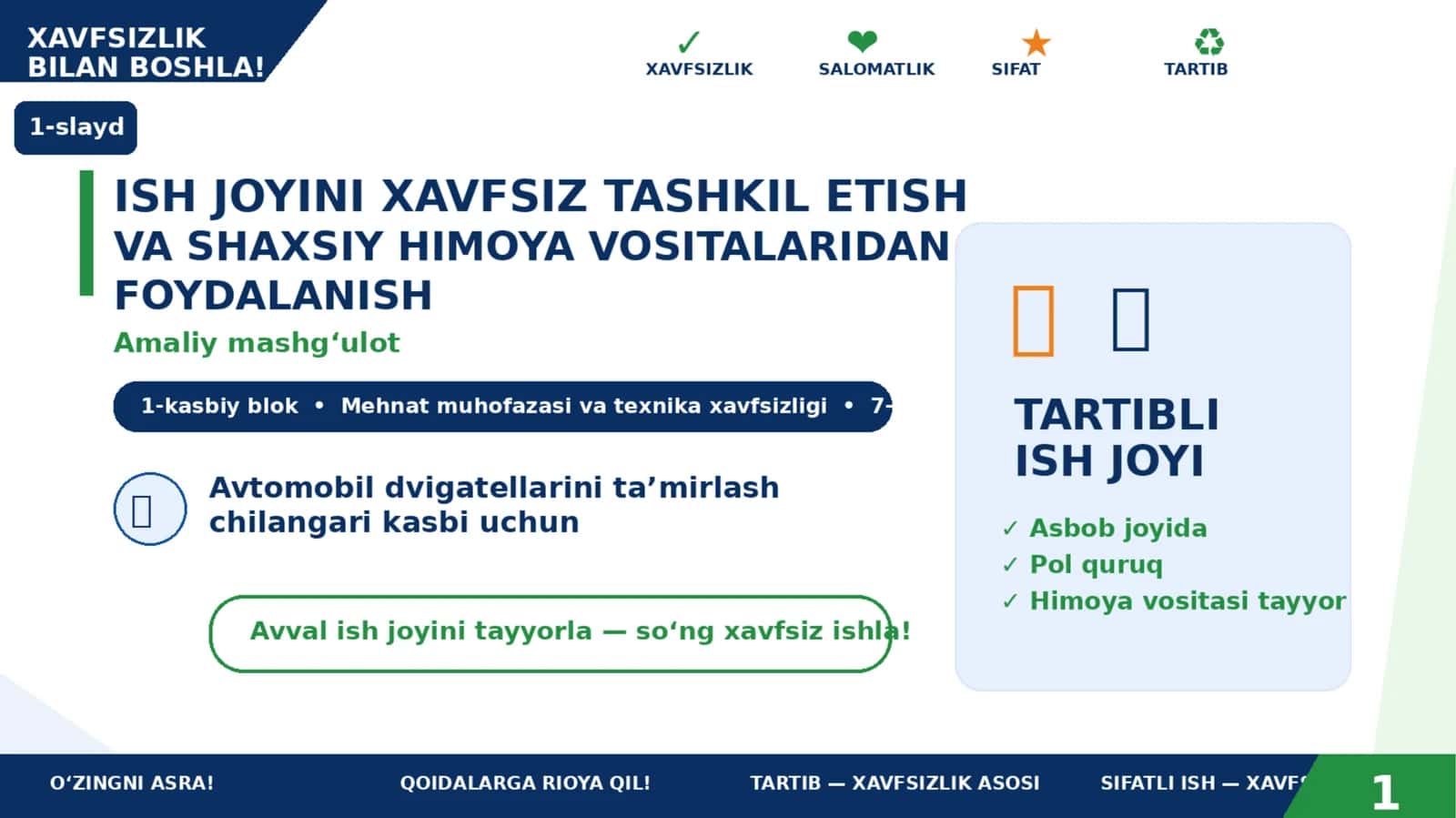 Ish joyini xavfsiz tashkil etish va shaxsiy himoya vositalaridan foydalanish 1