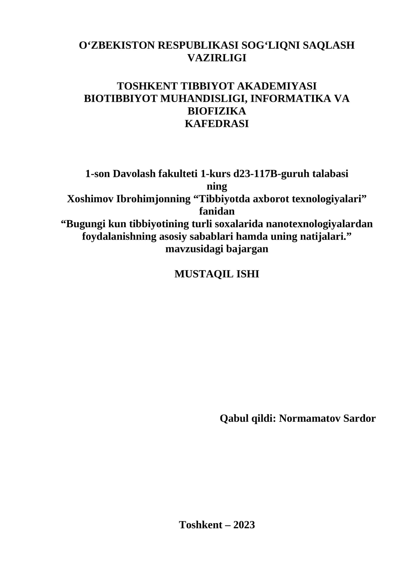 Bugungi kun tibbiyotining turli soxalarida nanotexnologiyalardan foydalanishning asosiy sabablari hamda uning natijalari. 1