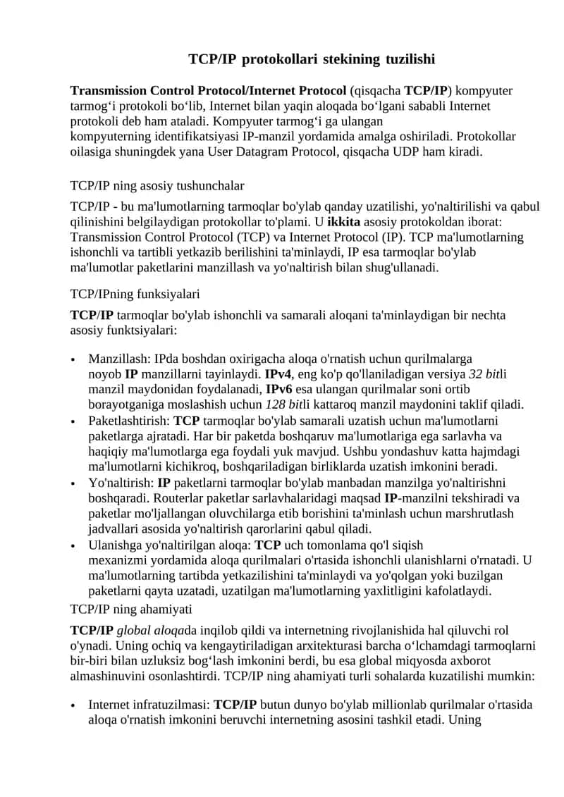 TCP/IP protokollari stekining tuzilishi 1