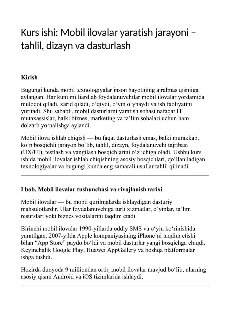 Mobil ilovalar yaratish jarayoni – tahlil, dizayn va dasturlash (Kurs ishi) 1