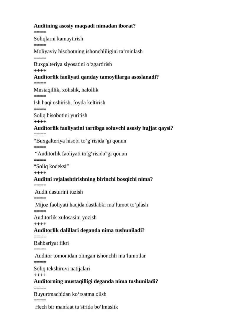 Audit bo'yicha test savollari 1