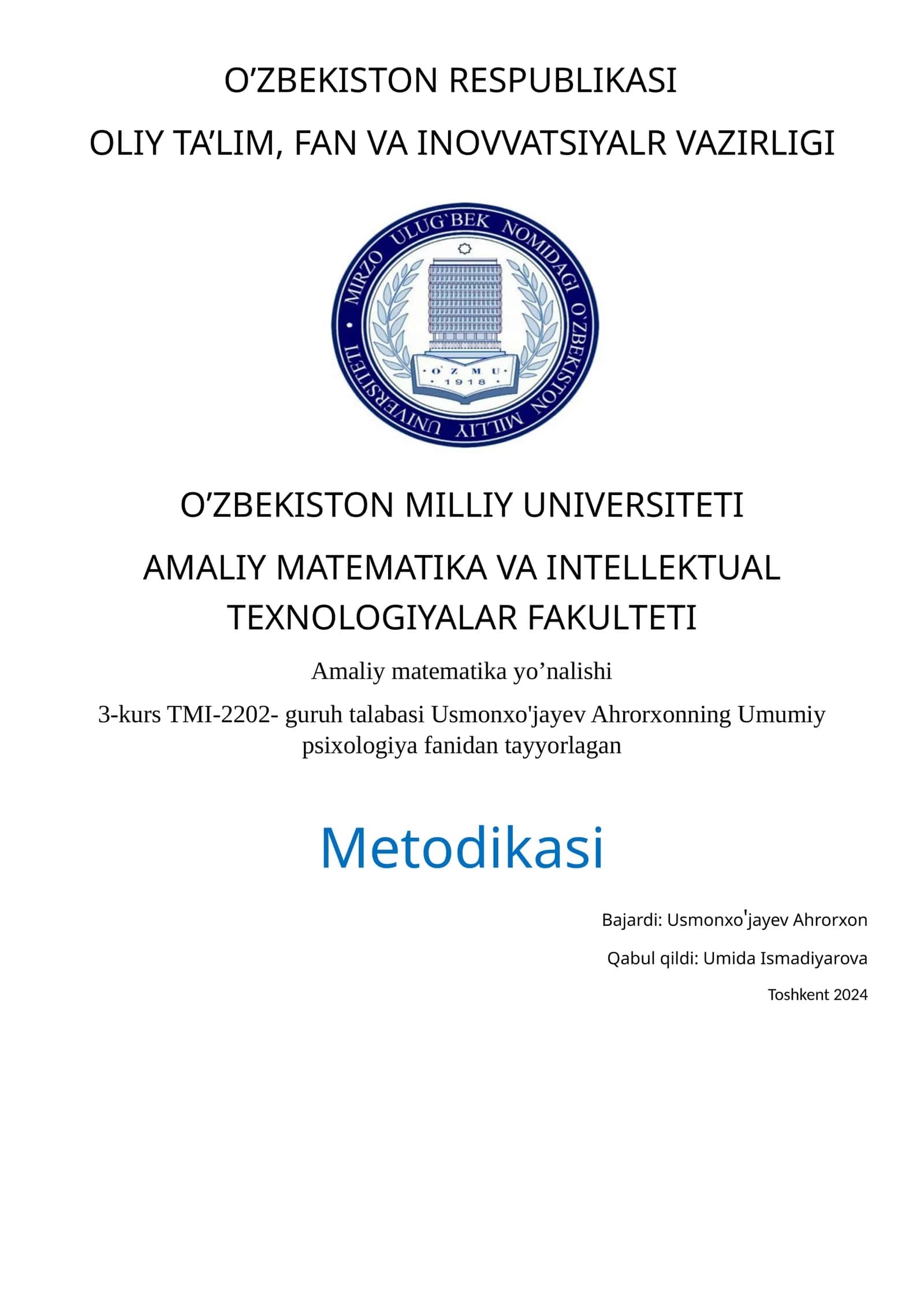 Umumiy psixologiya fanidan tayyorlagan Metodikasi 1