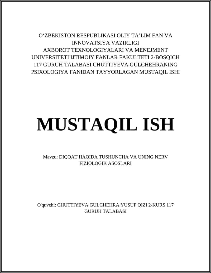 Chuttiyeva Gulchehraning Psixologiya Fanidan Tayyorlagan Mustaqil Ishi 1
