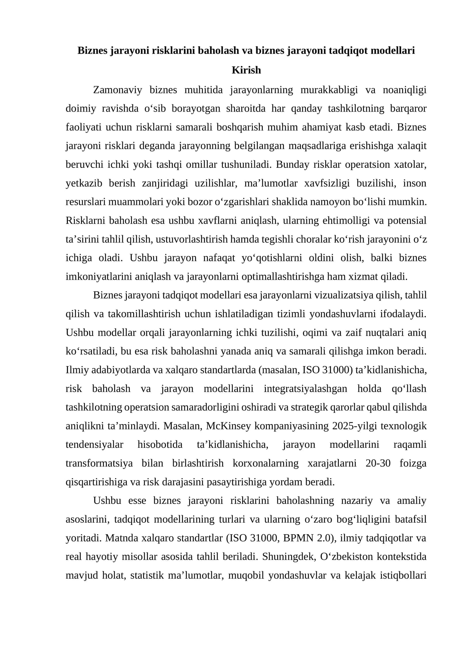 Biznes jarayoni risklarini baholash va biznes jarayoni tadqiqot modellari 1