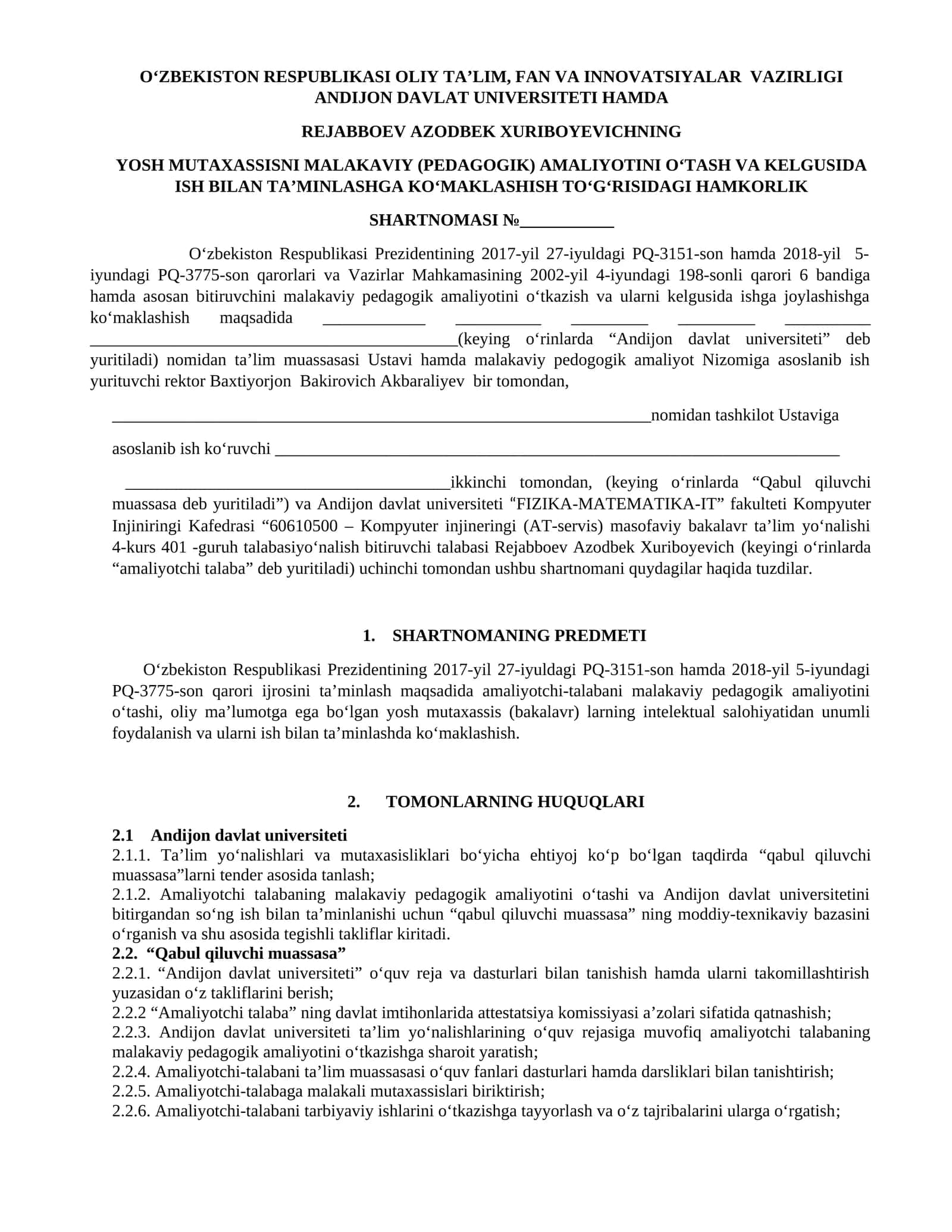 YOSH MUTAXASSISNI MALAKAVIY (PEDAGOGIK) AMALIYOTINI O‘TASH VA KELGUSIDA ISH BILAN TA’MINLASHGA KO‘MAKLASHISH TO‘G‘RISIDAGI HAMKORLIK SHARTNOMASI 1