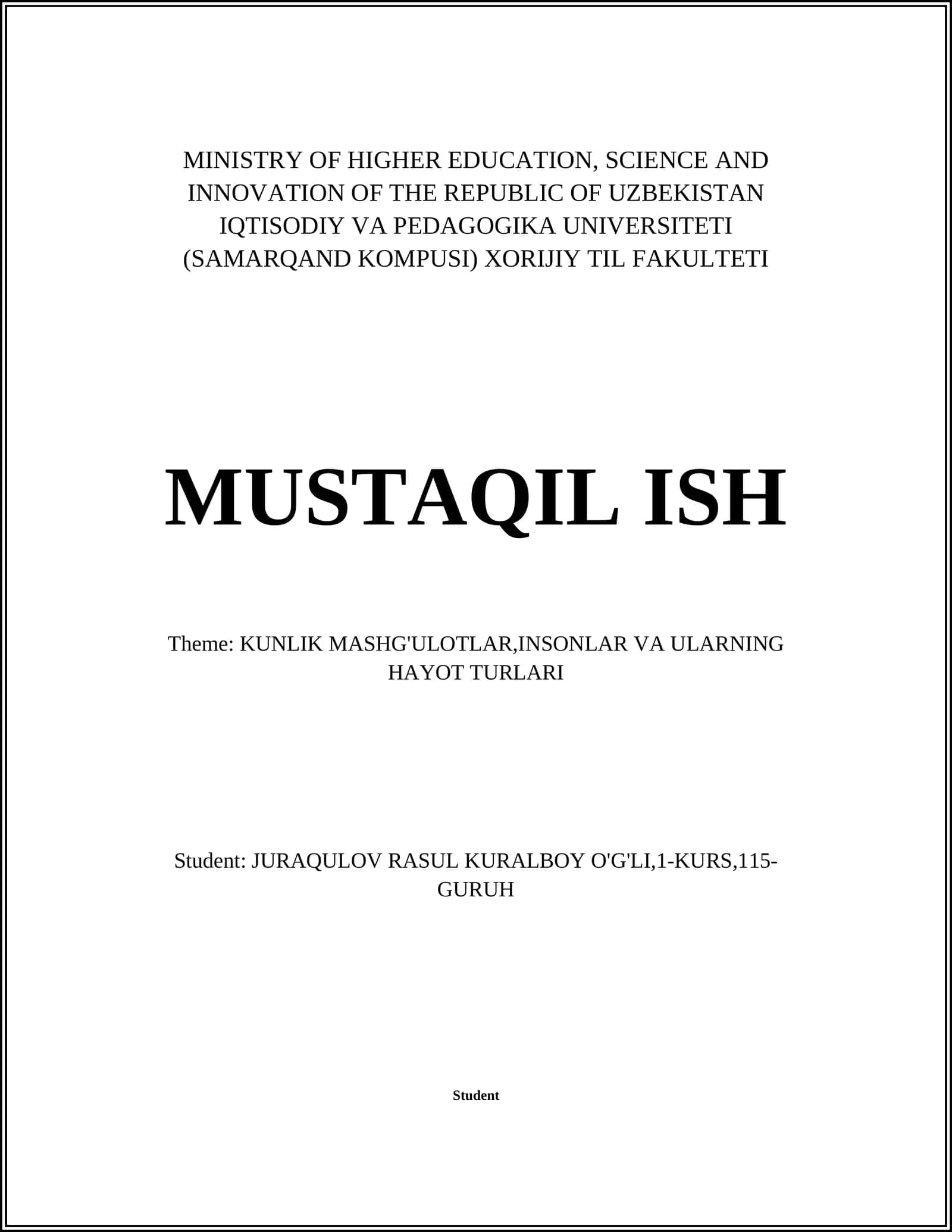 KUNLIK MASHG'ULOTLAR,INSONLAR VA ULARNING HAYOT TURLARI 1