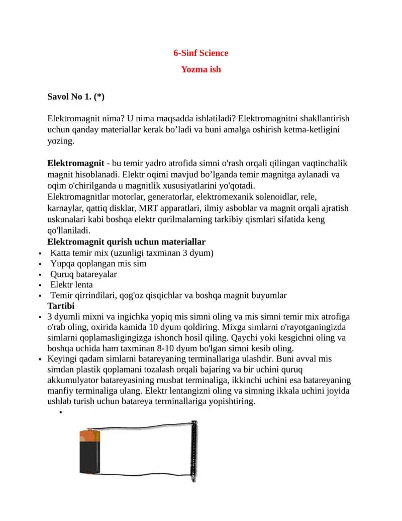 6-Sinf Science Yozma ish 1