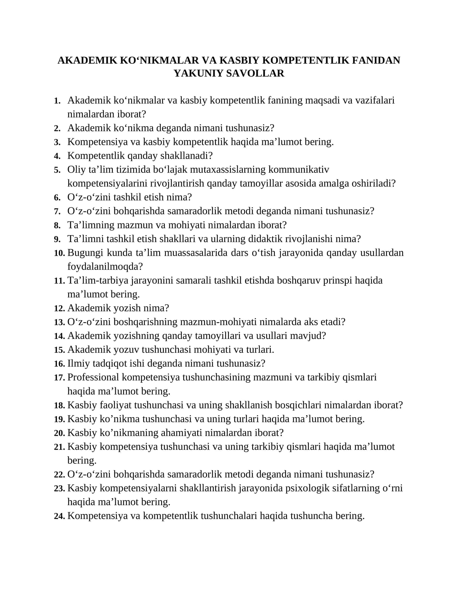 Akademik Ko‘nikmalar va Kasbiy Kompetentlik Fanidan Yakuniy Savollar 1