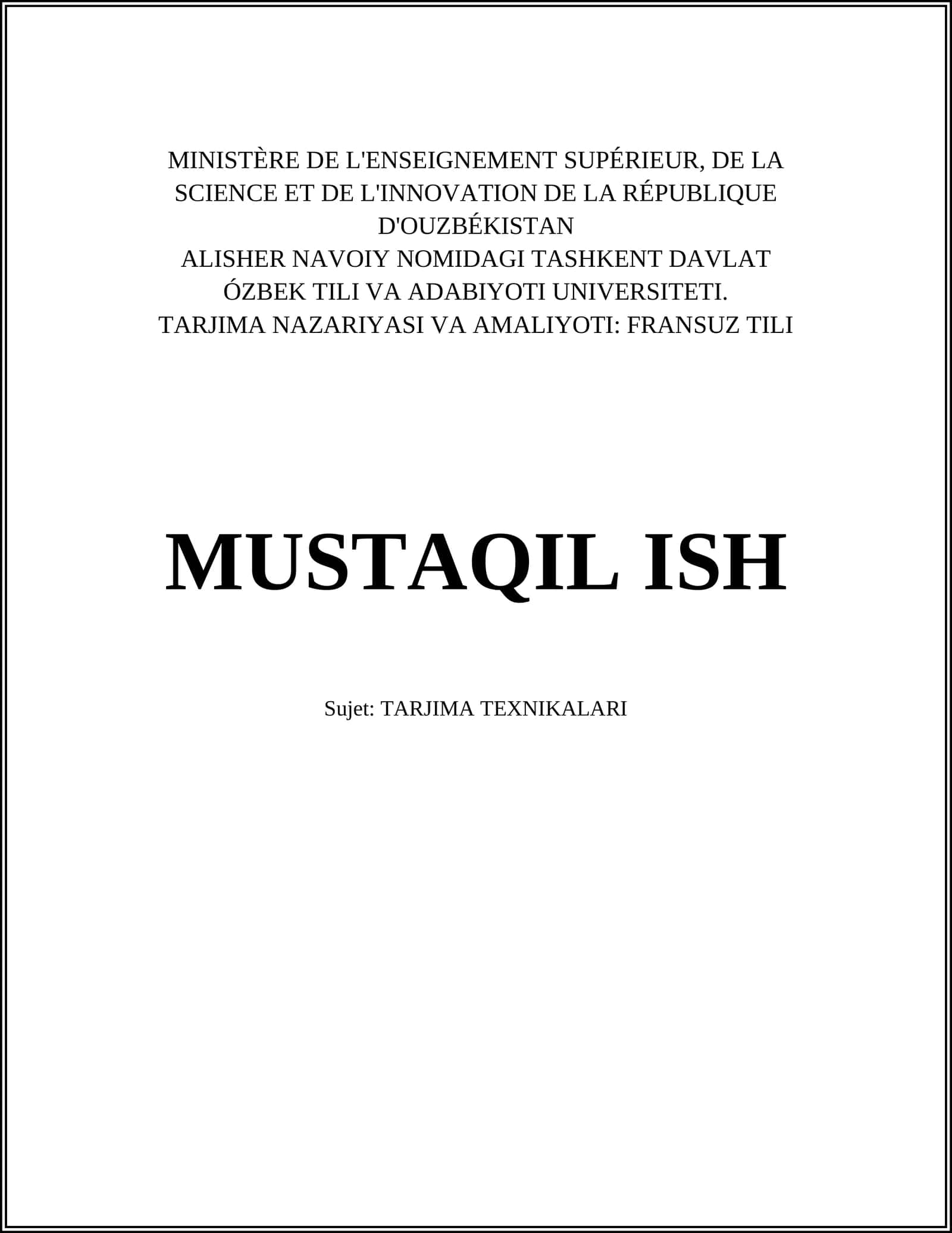 TARJIMA NAZARIYASI VA AMALIYOTI: FRANSUZ TILI 1