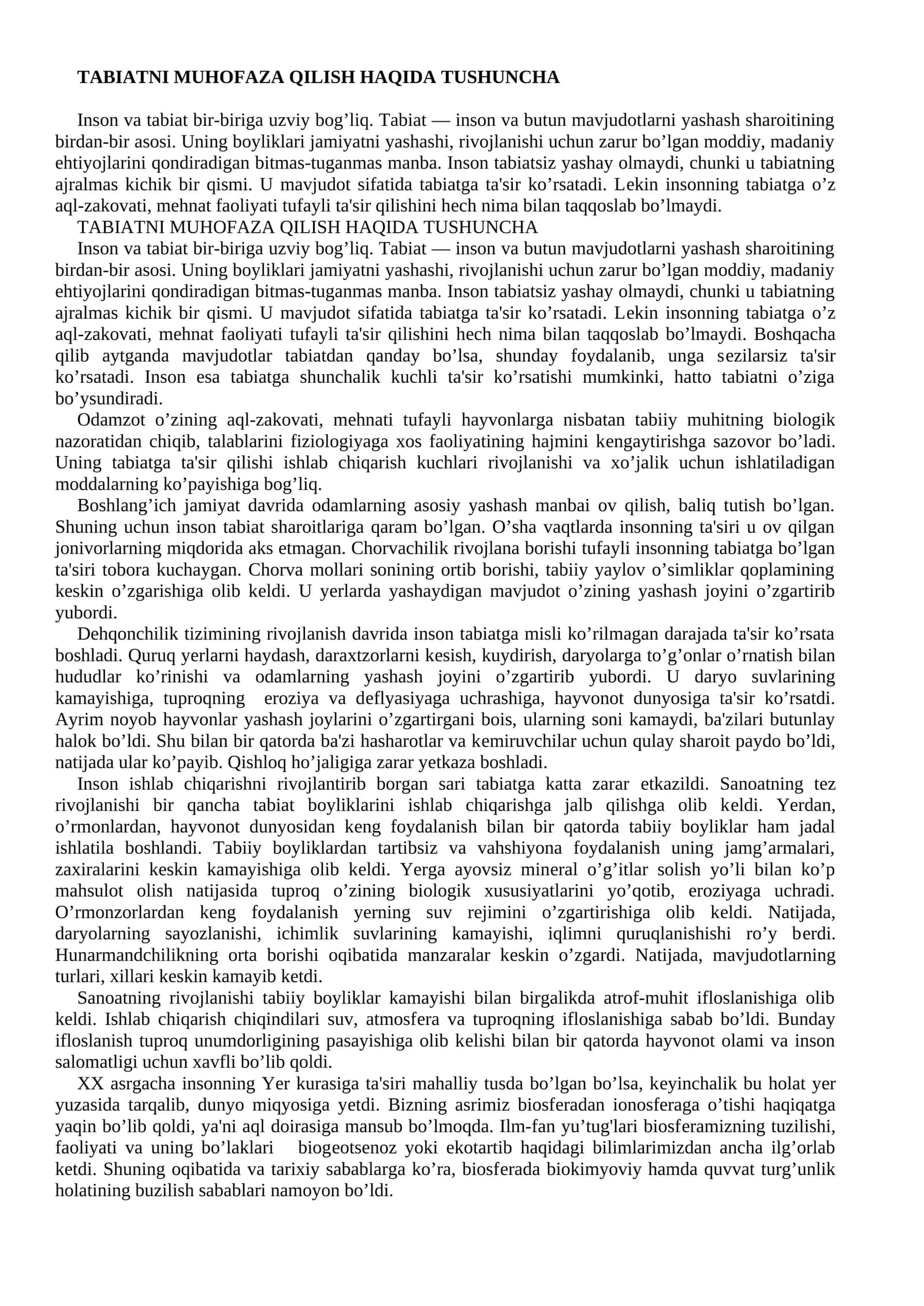 TABIATNI MUHOFAZA QILISH HAQIDA TUSHUNCHA 1