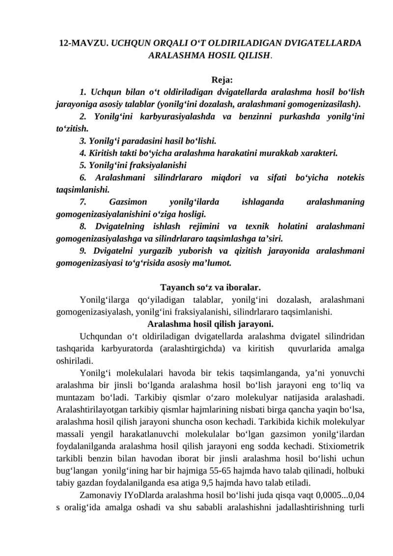 Uchqun orqali o‘t oldiriladigan dvigatellarda aralashma hosil qilish 1