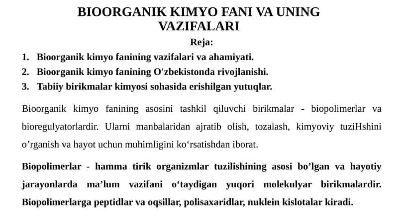BIOORGANIK KIMYO FANI VA UNING VAZIFALARI 1