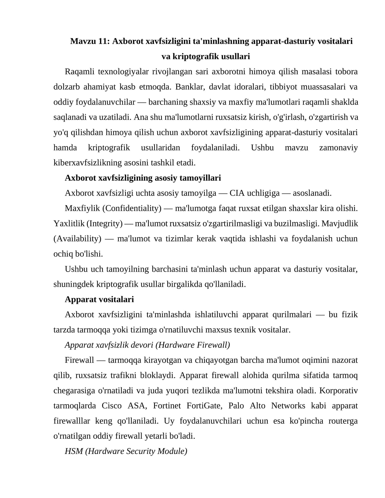 Axborot xavfsizligini ta'minlashning apparat-dasturiy vositalari va kriptografik usullari 1
