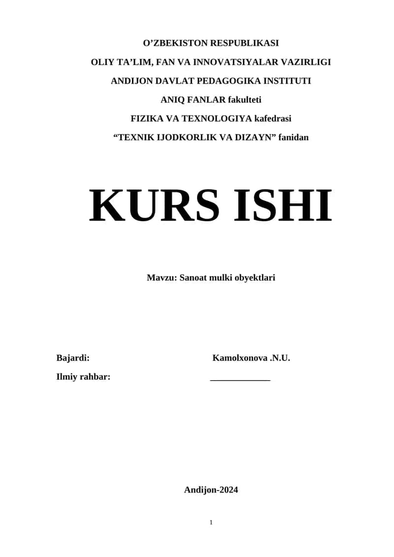 Sanoat mulki obyektlari kurs ishi 1
