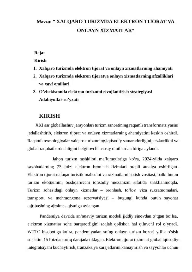 XALQARO TURIZMDA ELEKTRON TIJORAT VA ONLAYN XIZMATLAR