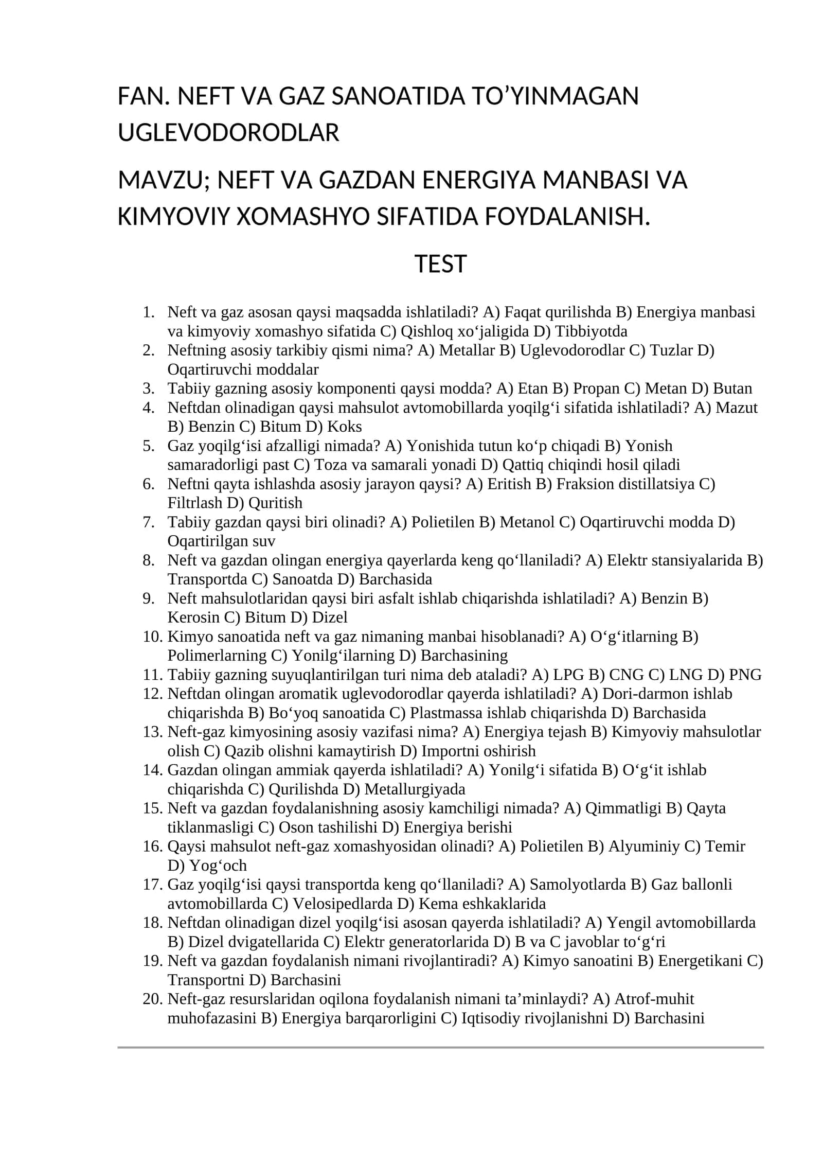 FAN. NEFT VA GAZ SANOATIDA TO’YINMAGAN UGLEVODORODLAR 1