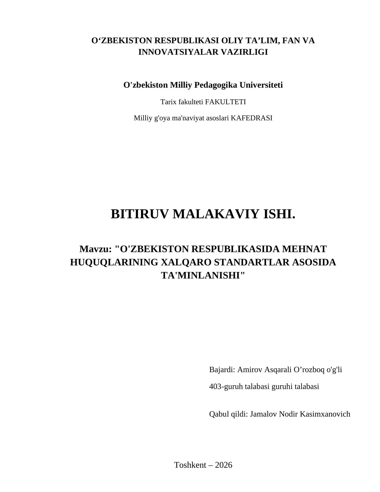 O'zbekiston Respublikasida mehnat huquqlarining xalqaro standartlar asosida ta'minlanishi 1